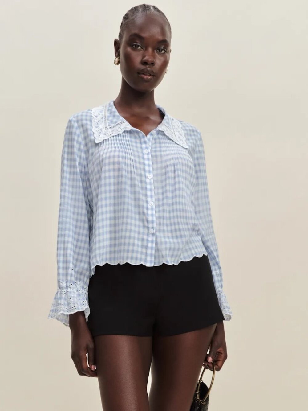 Reformation Juni Light Blue Gingham Top NWOT